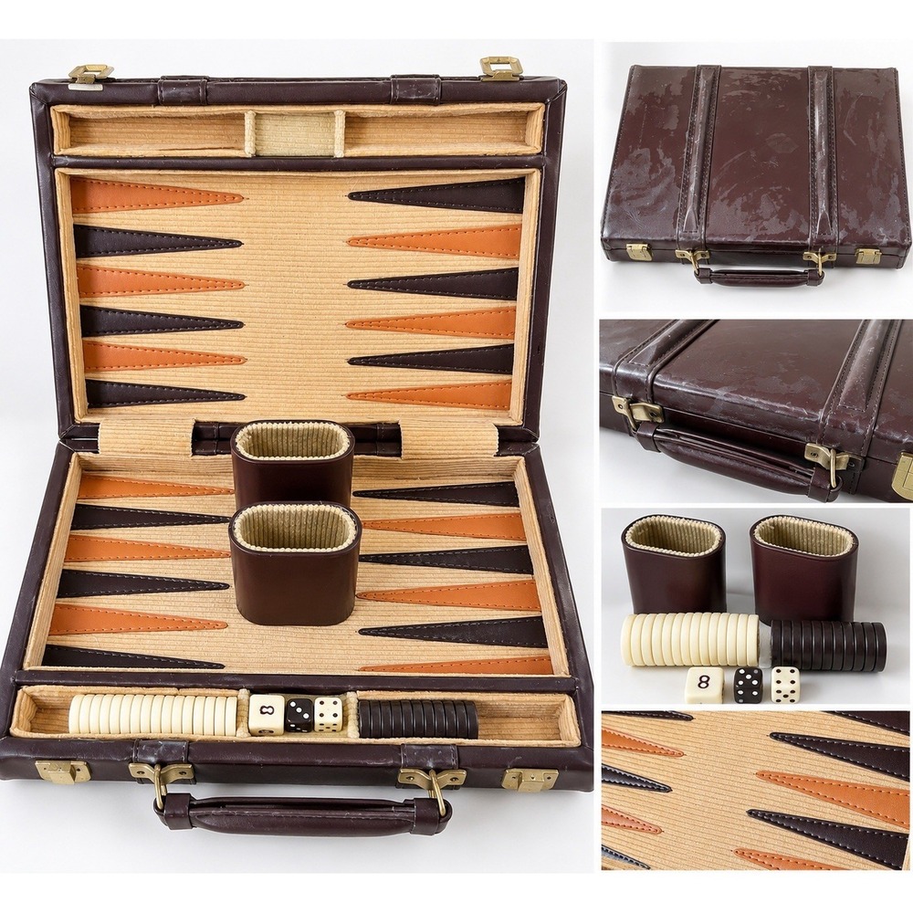 Vintage Backgammon Set Brown Faux Leather Briefcase Travel Game Incomplete